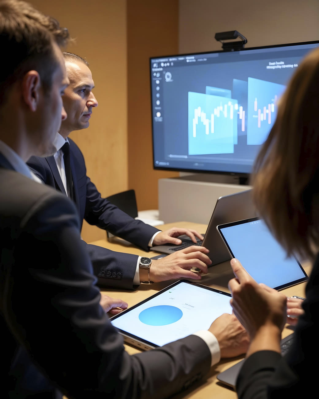 Finance team reviewing performance charts on screen and tablets in a meeting
