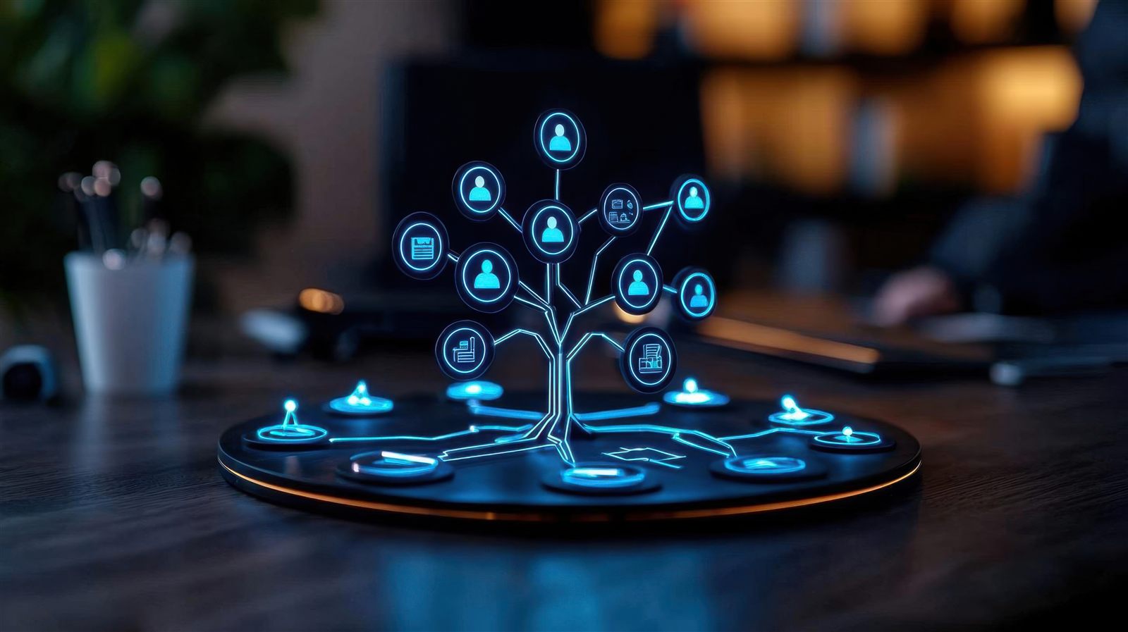 Illuminated digital network diagram representing Auditree's connected engagement structure